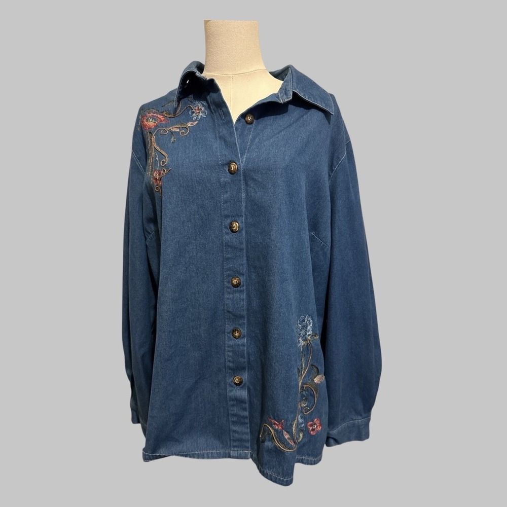 Koret Denim Shirt Women 20W Blue Floral Embroidered Cottagecore Boho Button Down